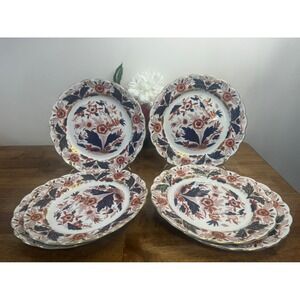 Booths Dovedale Ironstone 6 Dinner Plates Red Blue Floral Gold Trim England Set